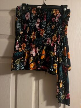 Black Floral Asymmetrical Ruffle Top or Skirt with Orange, Pink and Green